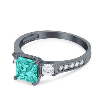 Princess Cut Art Deco Wedding Ring Black Tone, Simulated Paraiba Tourmaline CZ 925 Sterling Silver